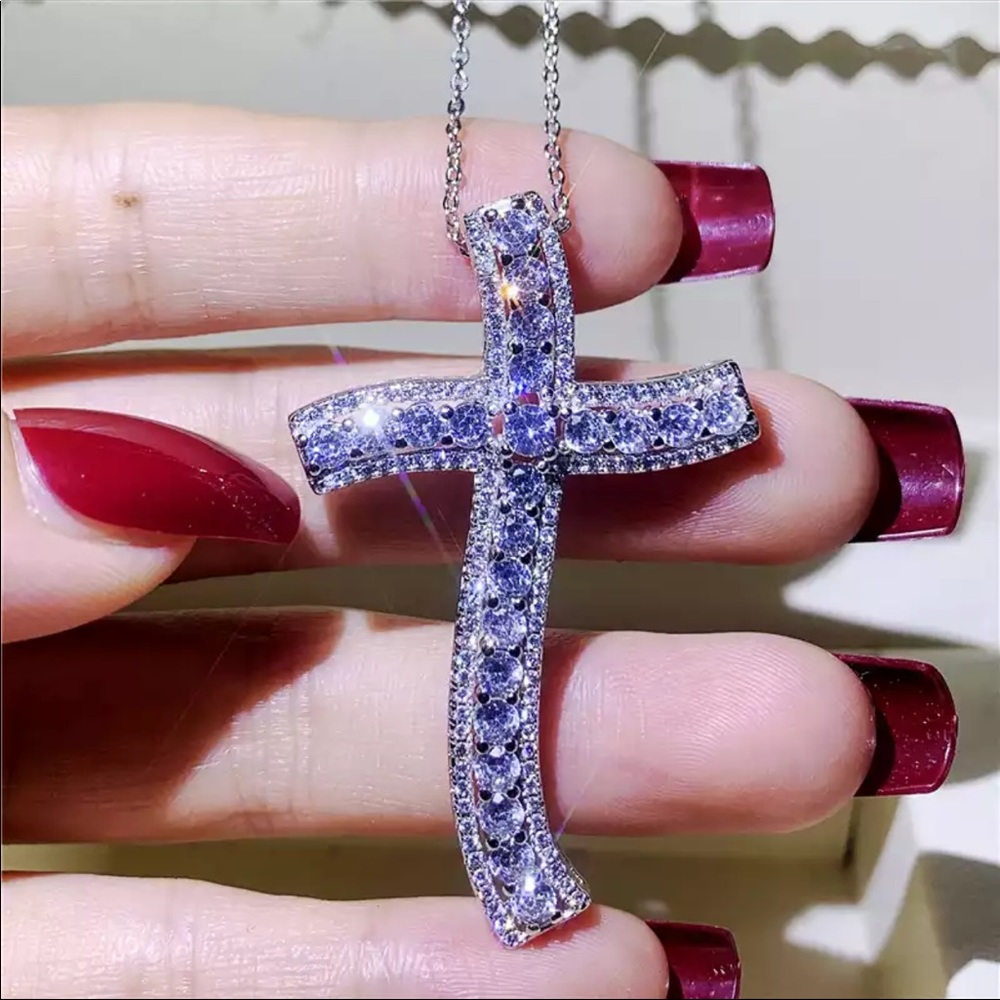 New Men Women 925 Silver Big Diamond Pendant Cross Necklace - Picture 2 of 6